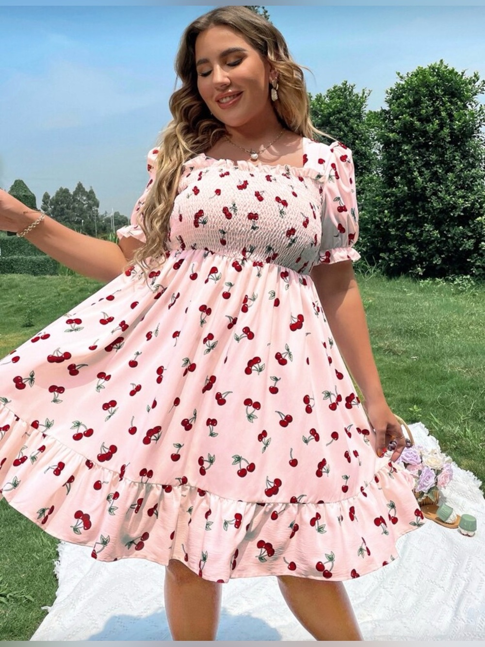 Gently used - SHEIN Pink Cherry Print Smocked Square-Neck Dress